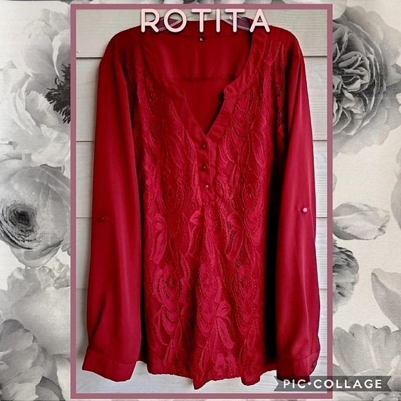 Rotita Red Burgundy Lace Overlay Long Roll-tab Sleeve V-neck Henley Tunic Top - Picture 2 of 16